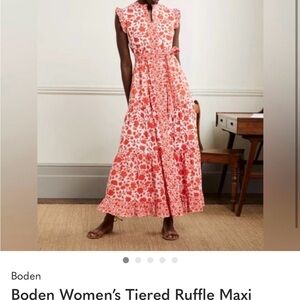 Boden Coral and White Floral Tiered Ruffle Maxi Dress